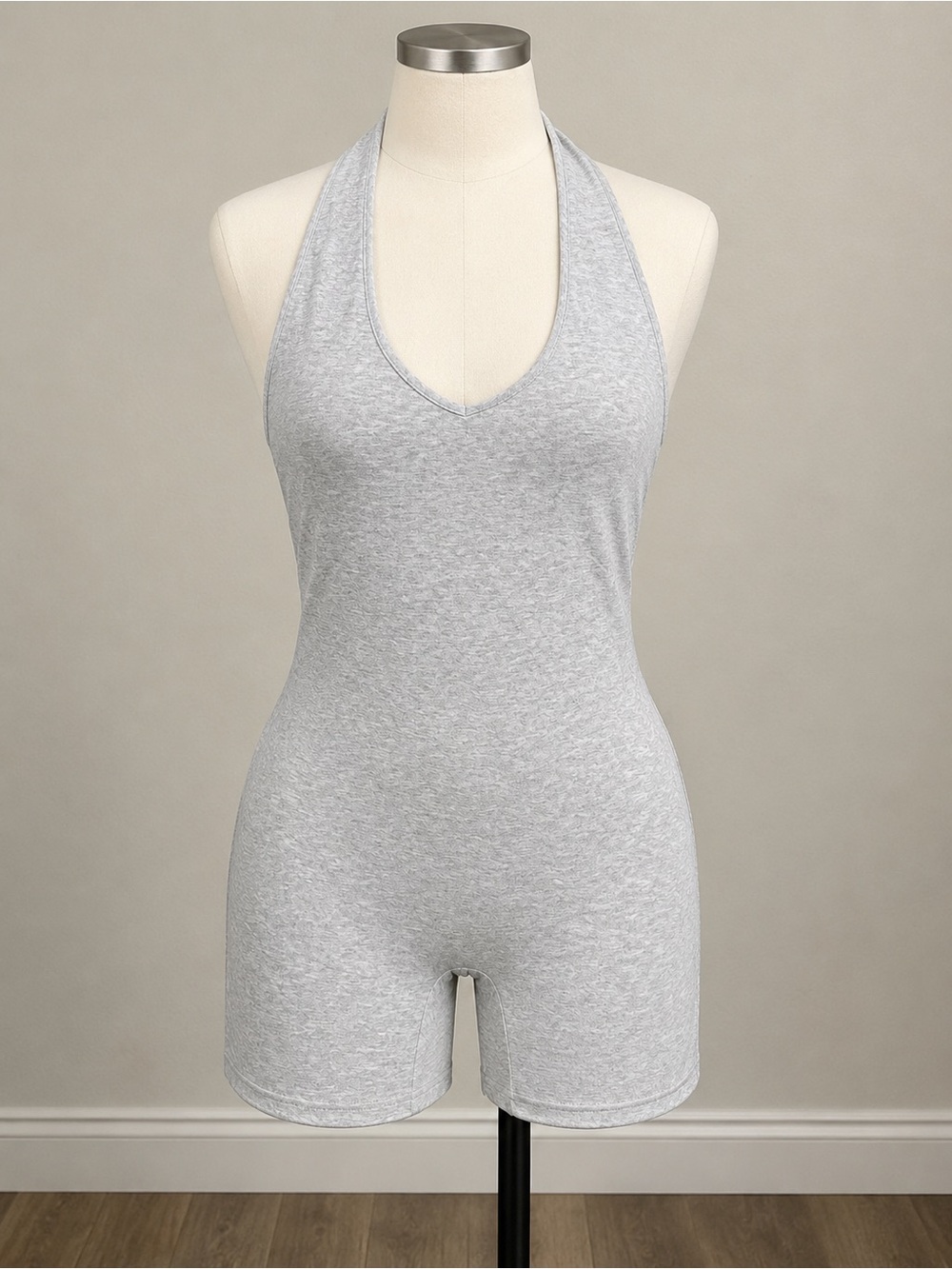 Stretch Halter Romper Bodysuit in Light Gray - Women’s Intimates S, M, and L